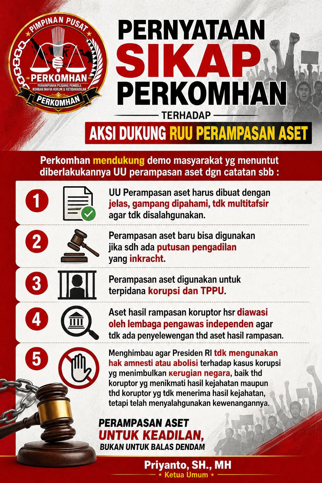 Ketum Perkomhan Soroti UU Perampasan Aset: Tegas Sikat Korupsi, Wajib Jaga Kepastian Hukum